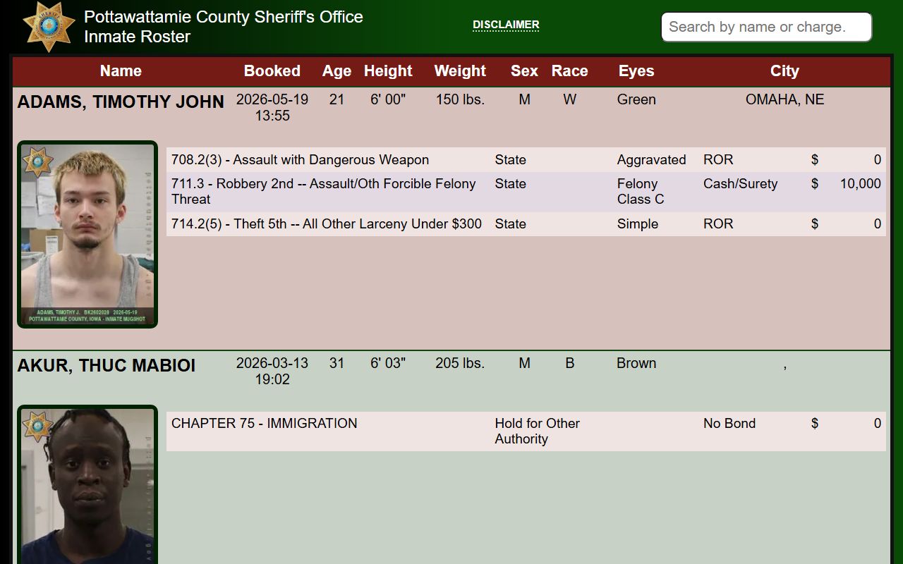 Pottawattamie County jail roster inmate population search interface
